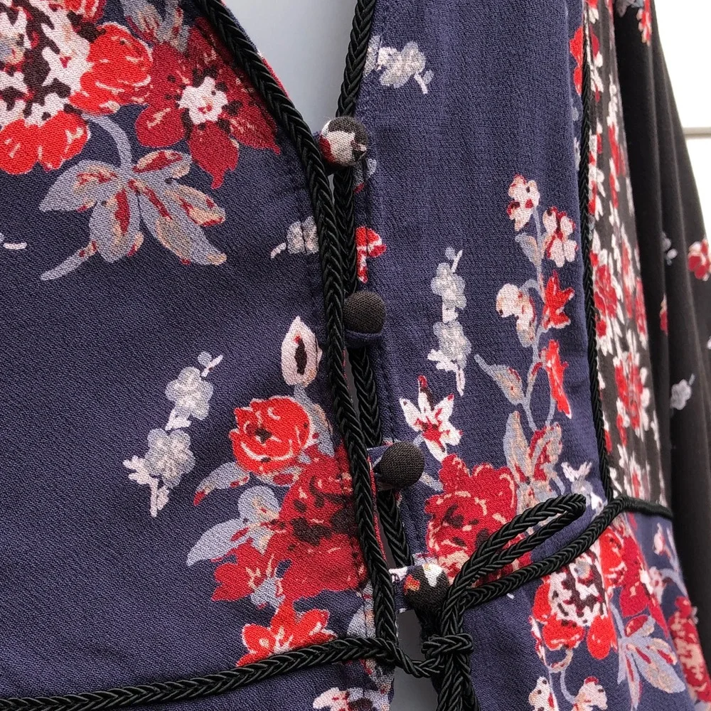 Free People Navy Floral Tie-Front Blouse with Black Sheer Sleeves